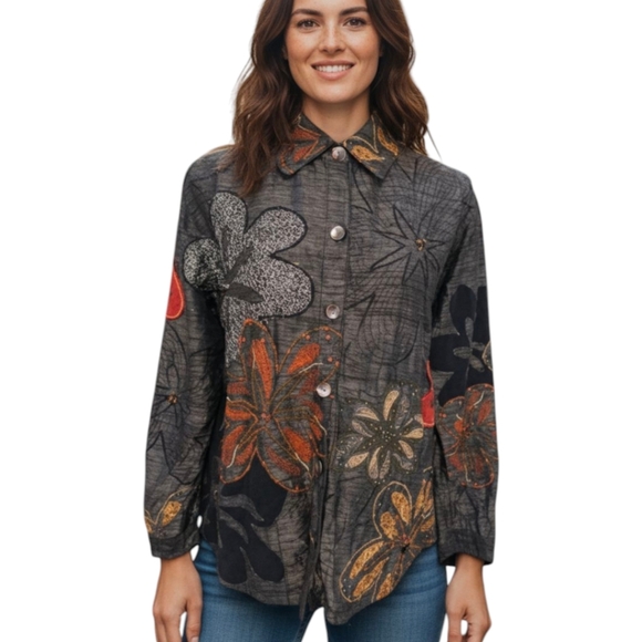 Pure Silk Witchy Whimsigoth Floral Beaded Embroidered Artsy  Blouse/Jacket Sz M - Picture 1 of 10